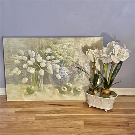 Floral Canvas Print with Coordinate Artificial Arrangement in Nice Planter
