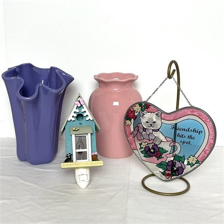 Bundle of Colorful Decor w/ Inspirational Stained Glass, Vases and Nightlight