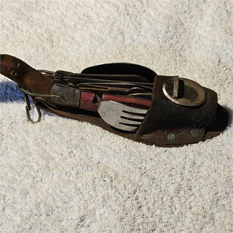 Vintage folding multi-function Camping Knife with leather sheath