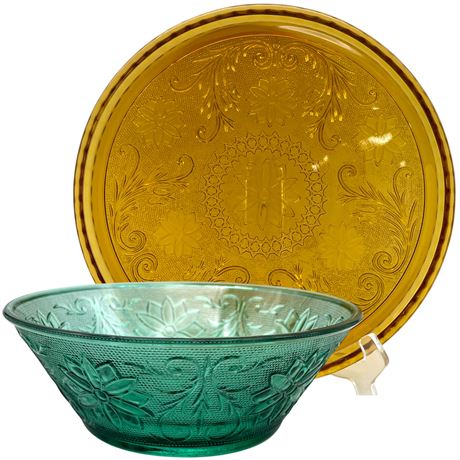 Indiana Glass Tiara Amber Sandwich Plate and Teal Serving Bowl