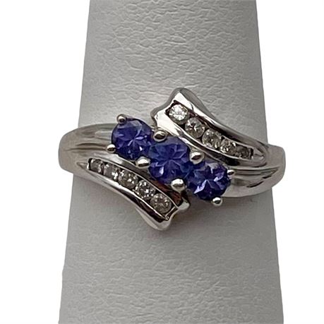 14K White Gold Tanzanite & Diamond Size 7 Keepsake Ring