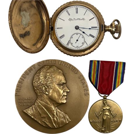 WWII Medallion, 1969 US Richard Nixon Medal & Elgin Pocket Watch