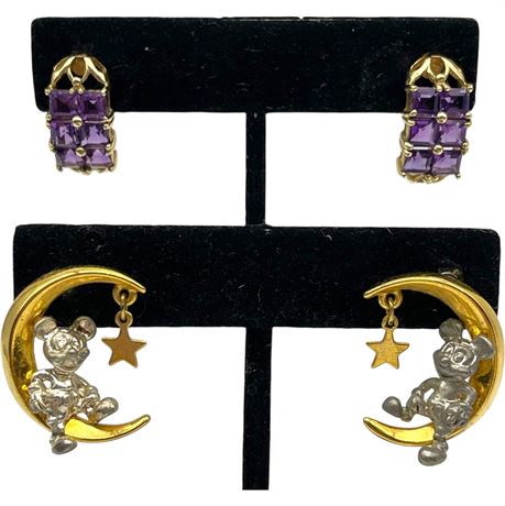 Disney Mickey Earrings & 10K Gold Electroplated Amethyst Earrings
