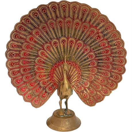 Vtg Indian Brass Etched Enamel Peacock Figurine