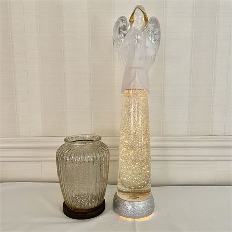 Large 22" Lighted Swirling Silver Glitter Angel w/ Coordinated Vase