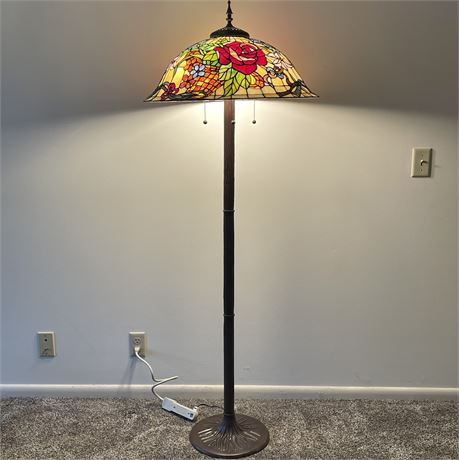 Tiffany-Style Stained & Slag Glass Floor Lamp w/ Heavy Metal Tree-Look Base