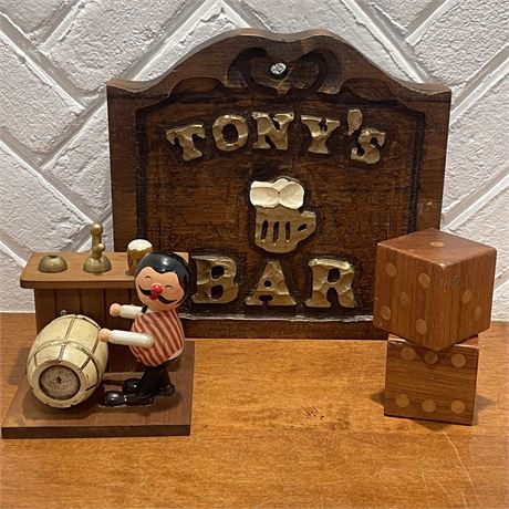 George Good Corp. Bartender Music Box, Wooden Hand Carved Bar Sign and Dice