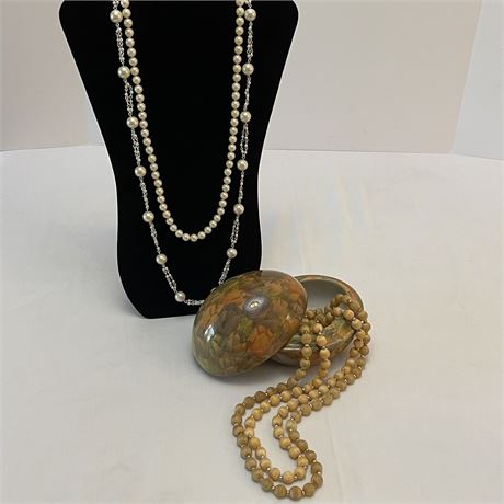 Vtg Faux Pearl & Satin Beaded Necklaces w/ Ceramic Lidded Dish
