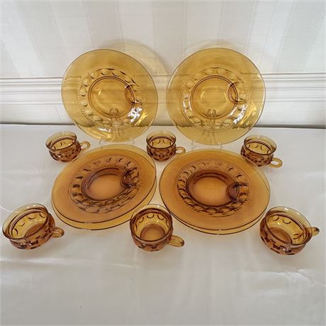 (6) Indiana Glassware Amber Glass Thumbprint Dinner Plates with Cups