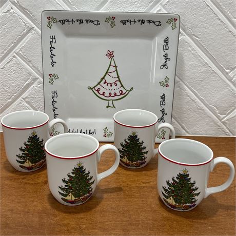 St. Nicholas Square 'Tis The Season Plate w/ 4 Coordinated Christmas Tree Mugs