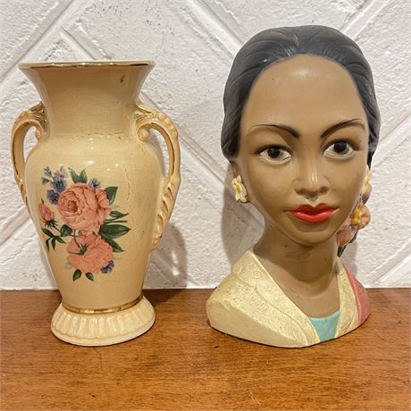 Vtg Spaulding China Vase & Polynesian Lady Bust Statue