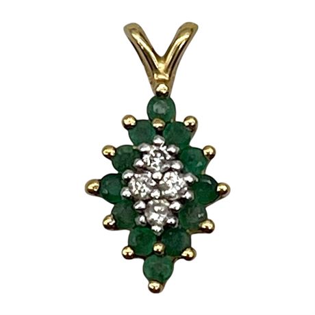 14K Yellow Gold Emerald & Diamond Cluster Pendant