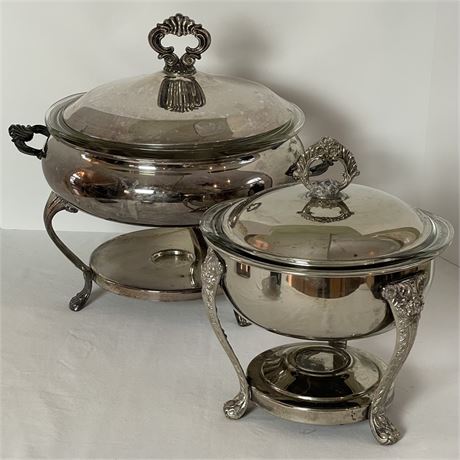 Pair of Vtg Silver Plate Chafing Dishes w/ Pyrex Glass Baking Dish Inserts