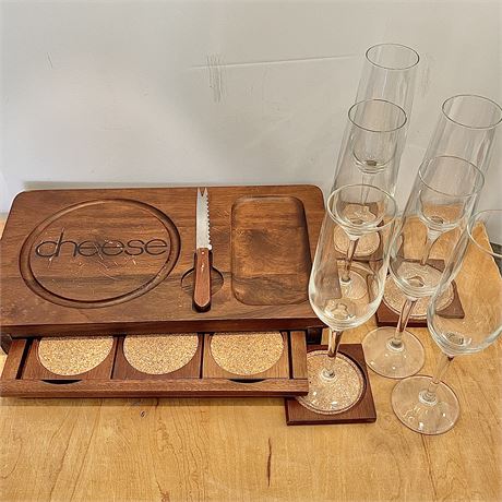 Branded Hostess Tray w/ 6 Coasters & Cheese Knife with 6 Stemmed Glasses