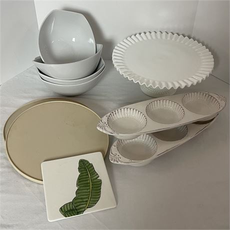 Vintage Hobnail Milk Glass Cake Stand and other Subtle Toned Serving Pieces