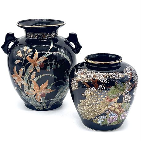 Vintage Oriental Chinoiserie Fine China Handled Vase w/ Japanese Pheasant Vase