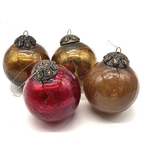 Four Vintage Kugel Heavy Crackle Glass Ornaments