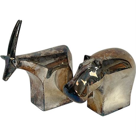 MCM Dansk Silver Plated Antelope & Hippo Paperweights