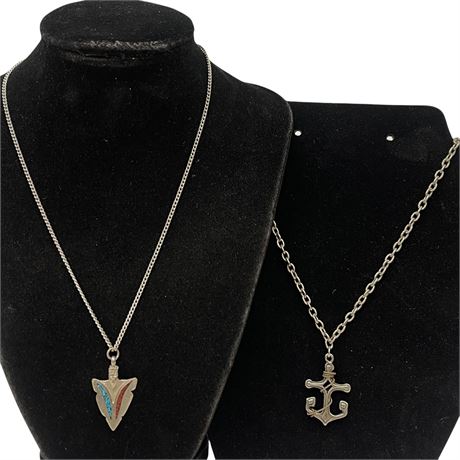 Navajo Turquoise & Coral Arrowhead Pendant & Anchor Pendent on Chains