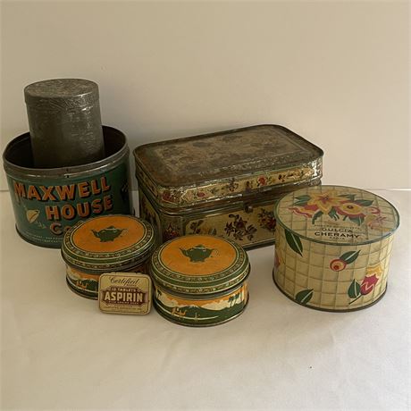 Collection of Vtg Tins - Baking Powder, Aspirin, Dulcia Cheramy and More