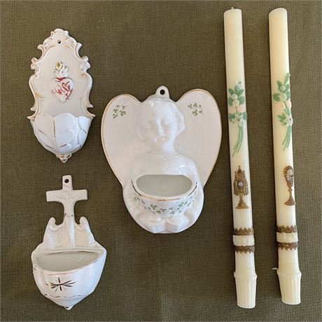 (3) Ceramic Holy Water Fonts & First Communion Candles