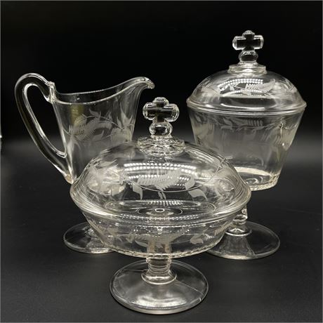 Matching Etched Lidded Compotes with Pitcher