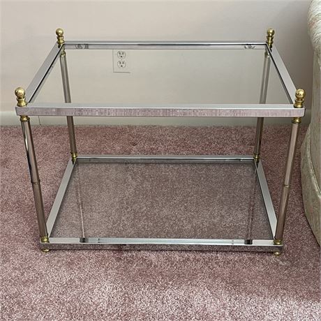 Mid-Century Maison Jansen Style Brass and Chrome Side Table w/ Glass Shelves
