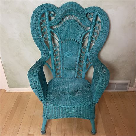 Vintage Teal Woven Rattan Throne Armchair
