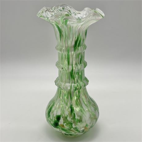 Vtg Speckled Art Glass Ruffled Rim Green & White Vase