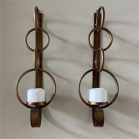 Pair of Gold Toned Metal Ringed Wall Sconces