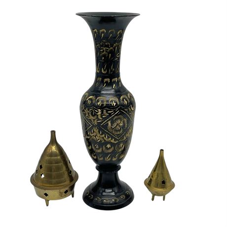 Vtg Made in India Etched Black Enamel / Brass Vase w/ Brass Cone Incense Burners