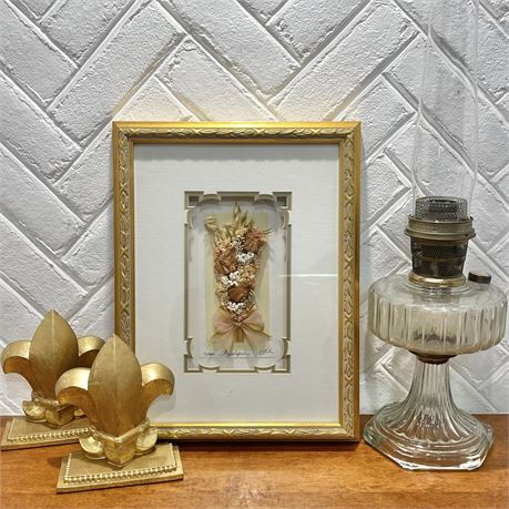 Aladdin Corinthian Oil Lamp w/ Angelique Dried Flowers Framed Art & Bookends