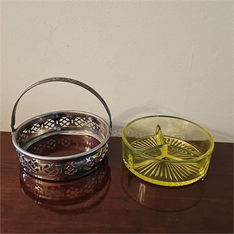 Indiana Glass 1930's Yellow Vaseline Glass Divided Candy Dish w/Metal Holder