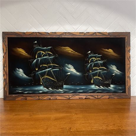 '70s Signed Pantoja Velvet Black Light Ships Painting Framed Wall Art