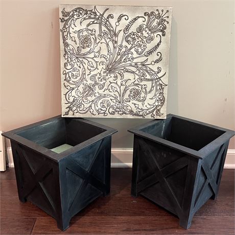 Pair of Planter Boxes with Distressed Flower Scroll Designed Wall Panel