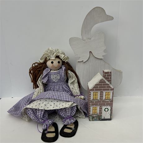 Hand Painted/Carved Brick Doorstop, Wood Freestanding Duck & Shelf-sitting Dolly