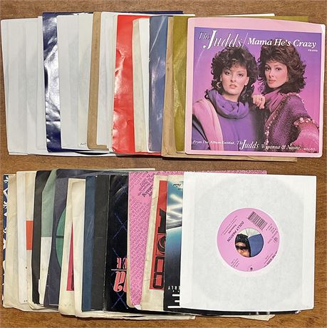 Mixed Variety of 45 Vinyl Records with Sleeves