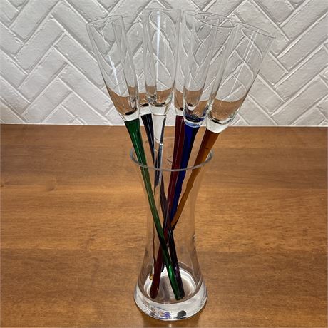 Set of 6 Handblown Artland Champagne Flutes in Crystal Vase