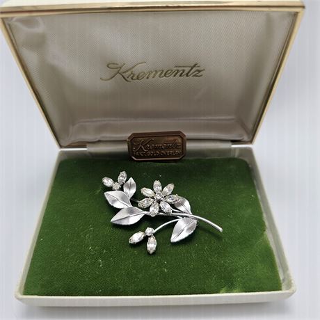 14K White Gold Overlay Krementz Floral Brooch in Original Box