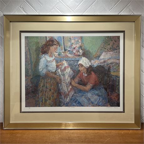 Lg Signed A/P Sotiris Corzo "The Shawl" Art Print Matted and Framed behind Glass