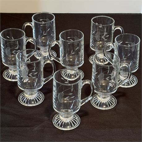 (8) Princess House Heritage Etched Footed Irish Coffee Mugs