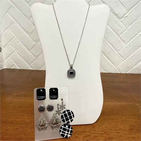 Silver Tone 18" Necklace w/ Pendant and Earrings with Black and White Accents