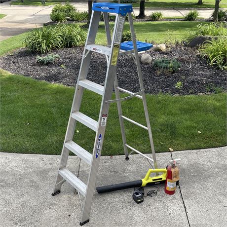 Werner Ladder, Cordless Ryobi Leaf Blower w/ Battery, and a Fire Extinguisher