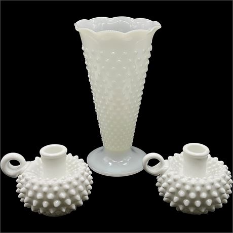 Fenton Hobnail Milk Glass Candlesticks and Vase