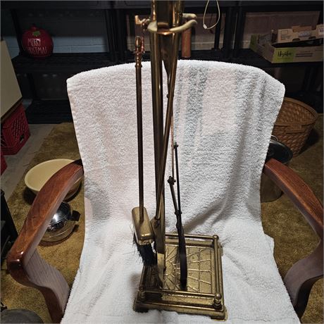 Brass Fireplace Set Tools & Stand Poker Shovel Brush