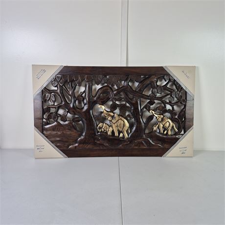 Lg Hand-Carved Suar Wood Elephant Wall Panel Southeast Asian Openwork Relief