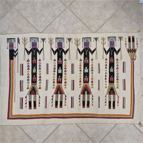 Rare Vintage Navajo Yei Rug Early 20th‑Century Handspun Wool