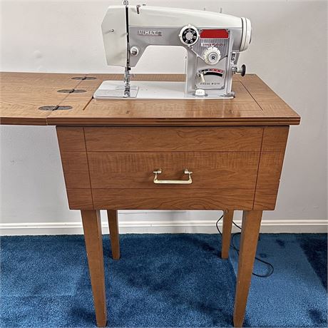 Vtg White Sewing Machine in Sewing Cabinet