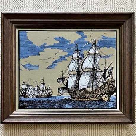 Vtg Nautical Seascape Mirror w/ Wooden Frame
