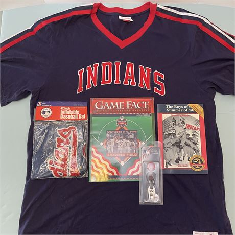 Cleveland Indians XLT T-Shirt, Inflatable Bat, Ball Mark Repair Tool & Books